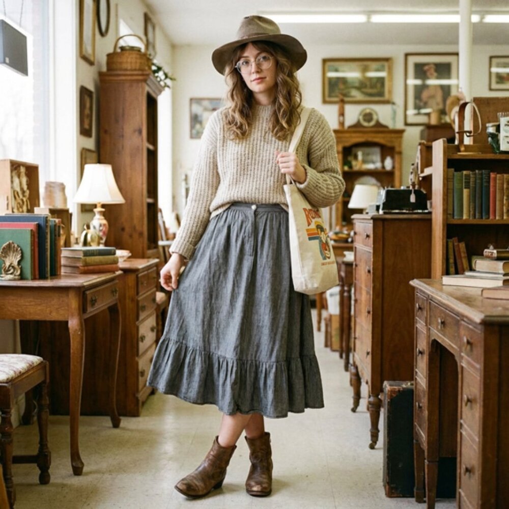 Vintage midi skirt. Pinstripe gray and black striped cotton.